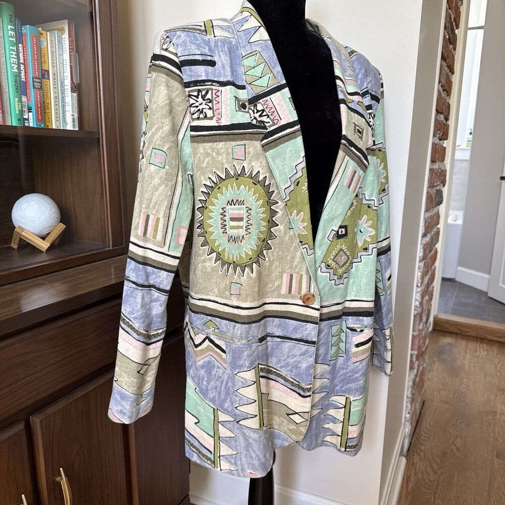 VTG 80s Intriguing Threads Blazer Size L Southwestern Cotton Linen Blend Boxy
